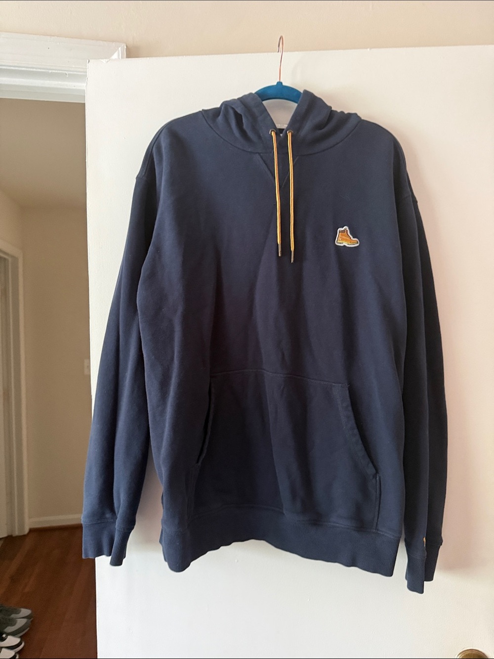 Timberland Navy Hoodie With Yellow Strings And Boot On Front, Fall Comfy XL